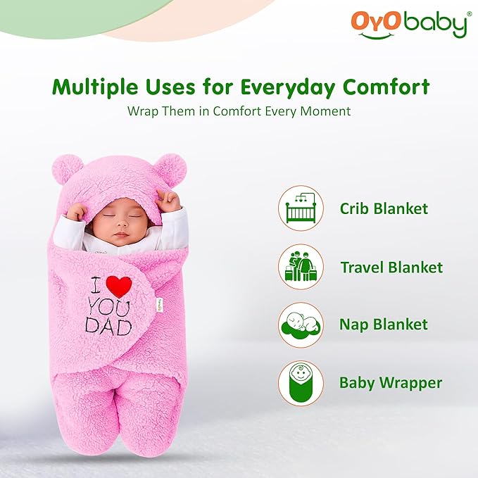 OYO BABY Newborn Baby Hooded Swaddle Blanket – Embroidered Wearable Wrapper Sleeping Bag (0-6 Months,72x68, I Love DAD, Pink