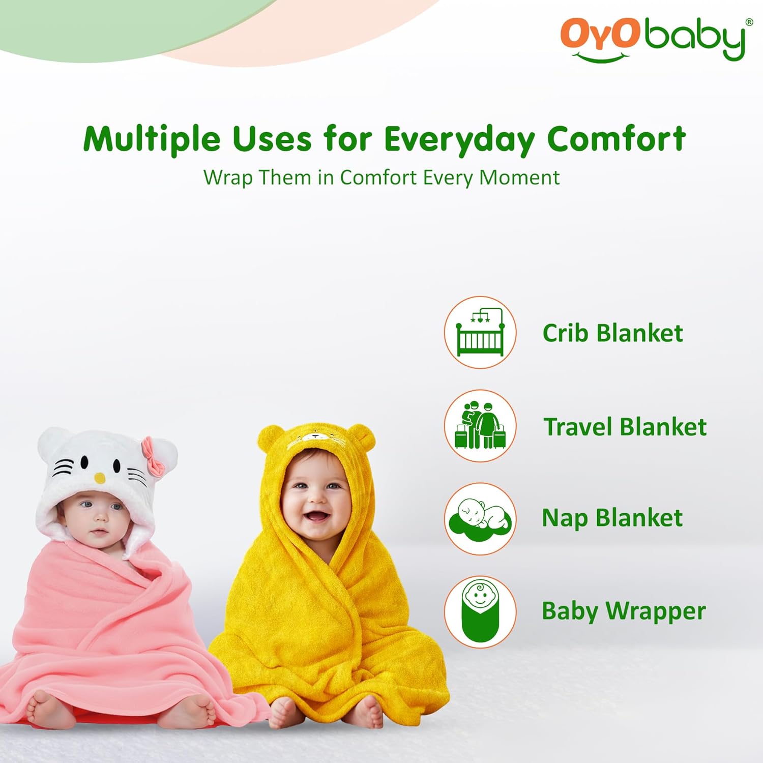 OYO BABY Fleece Newborn Baby Blanket Combo – Hooded Baby Wrapper with Funny Cap, Bath Towel & Blanket (0-12 Months, Pink Kitty & Yellow Tiger, Pack of 2)