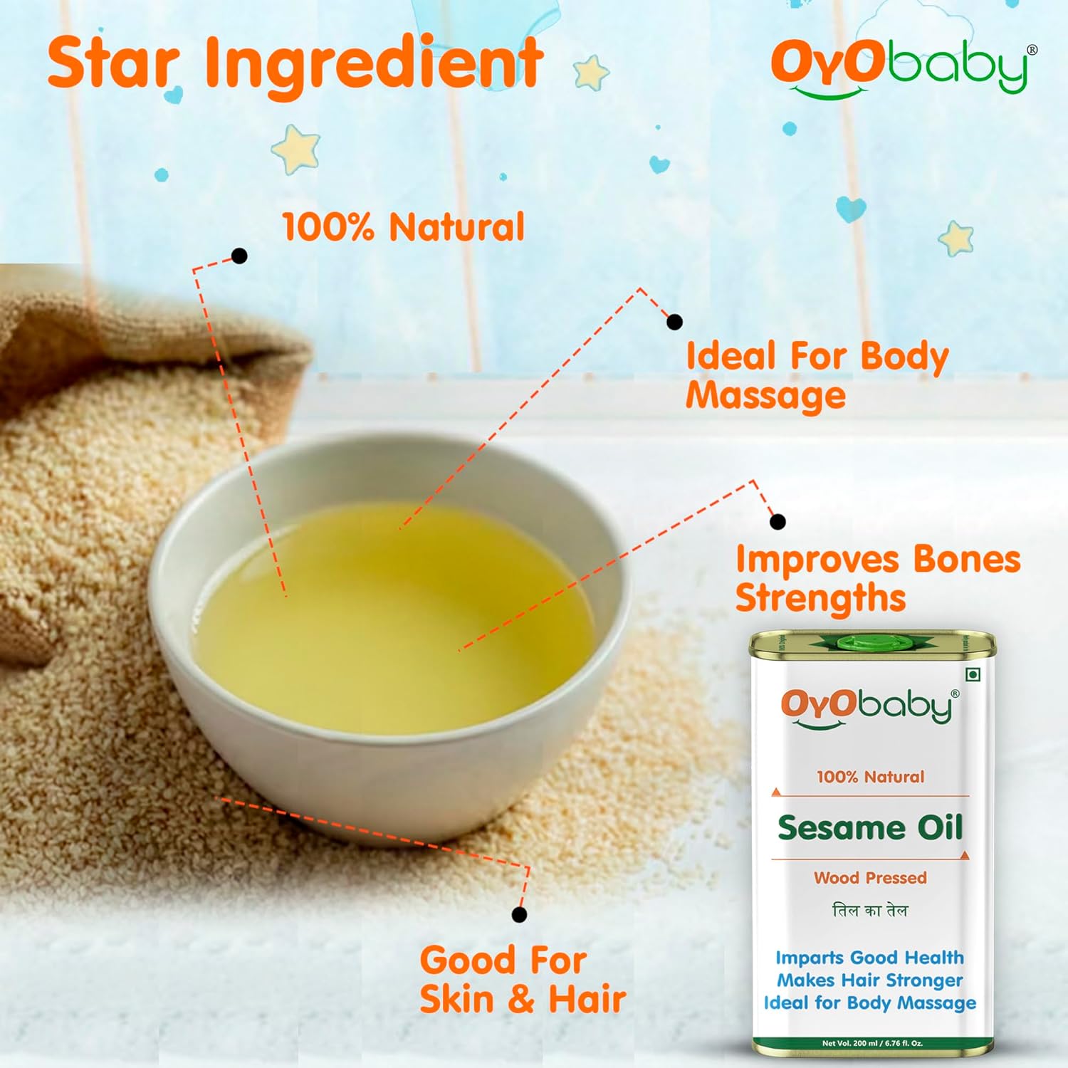 OYO BABY 100% Natural Baby Oil for New Born | Wood Pressed Sesame Oil - Massage, Skin & Baby Hair Oil