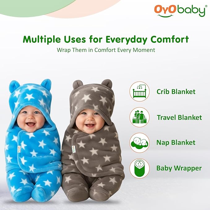 OYO BABY Ultra-Soft Baby Swaddle Wrap Blanket with Hood & Booties – Warm Fleece Sleeping Bag for Newborns (0–6 Months 72 * 68 cm) – Star Print, Grey & Blue