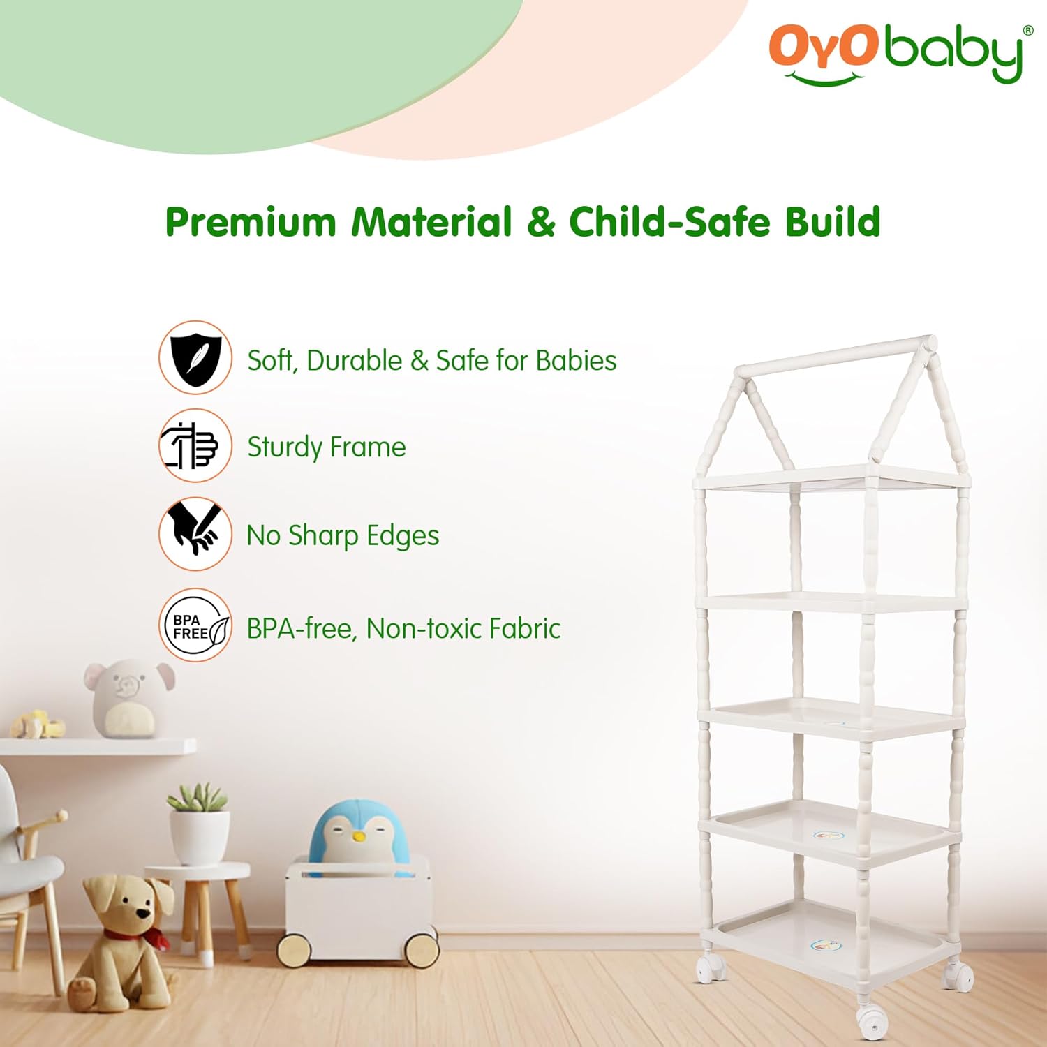 OYO BABY Kids Wardrobe for Storage 5 Shelves | Heavy Duty Plastic Almirah for Baby Clothes, Toys & Books Rack | Compact Storage Organizer for Nursery/Bedroom [Cartoon Printed - Blue]