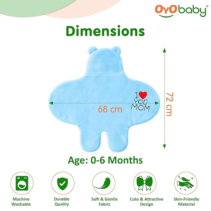 OYO BABY Newborn Baby Hooded Swaddle Blanket – Security Embroidered Wearable Wrapper Sleeping Bag (0-6 Months, 78x68cm, I Love MOM, Blue)