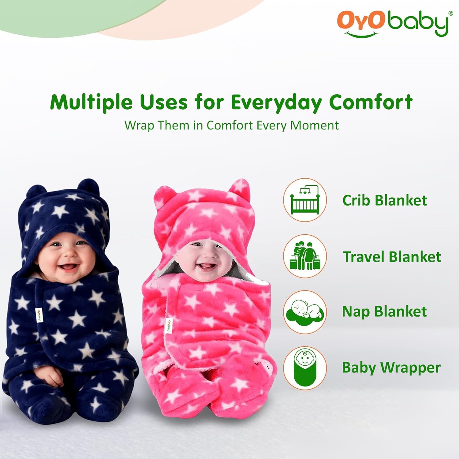 OYO BABY Dark Blue & Pink Star Hooded Baby Blanket – Ultra-Soft Fleece Swaddle with Booties, 0–6 Months | Cozy Infant Sleep Sack, Wearable Wrapper & Nursery Essential, Pack of 2, 72×68 cm