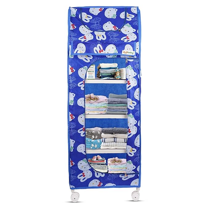 OYO BABY Kids Wardrobe for Storage 5 Shelves | Heavy Duty Plastic Almirah for Baby Clothes, Toys & Books Rack | Compact Storage Organizer for Nursery/Bedroom [Cartoon Printed - Blue]