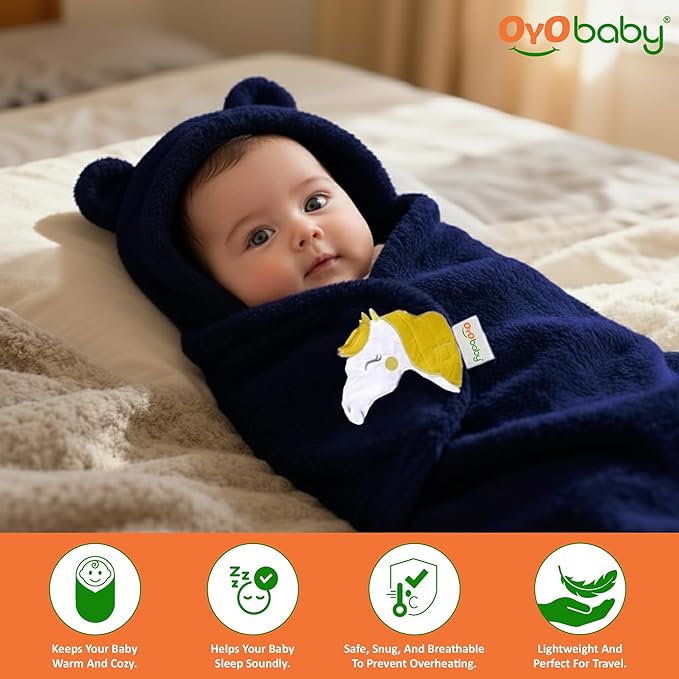 OYO BABY Wearable Hooded Swaddle Blanket for Newborn Babies – (0-6 Months, 72x68cm) Unisex Sleeping Bag Wrap (Dark Blue, Pack of 1)