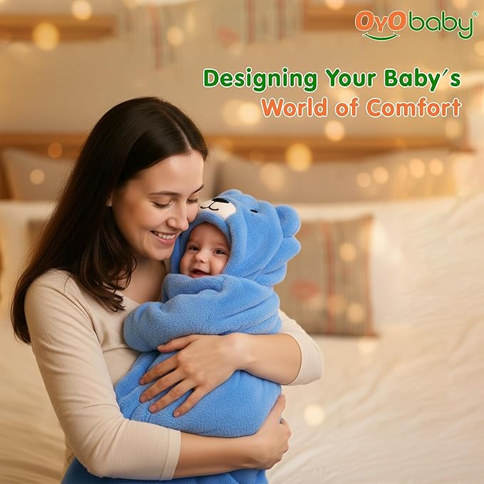 OYO BABY Newborn 3-in-1 Swaddle Blanket with Animal Hood – Soft All-Season Kids Blanket for (0–12 Months, 84x80cm), Skin-Friendly, Blue Bear Design, Perfect Baby Shower Gift