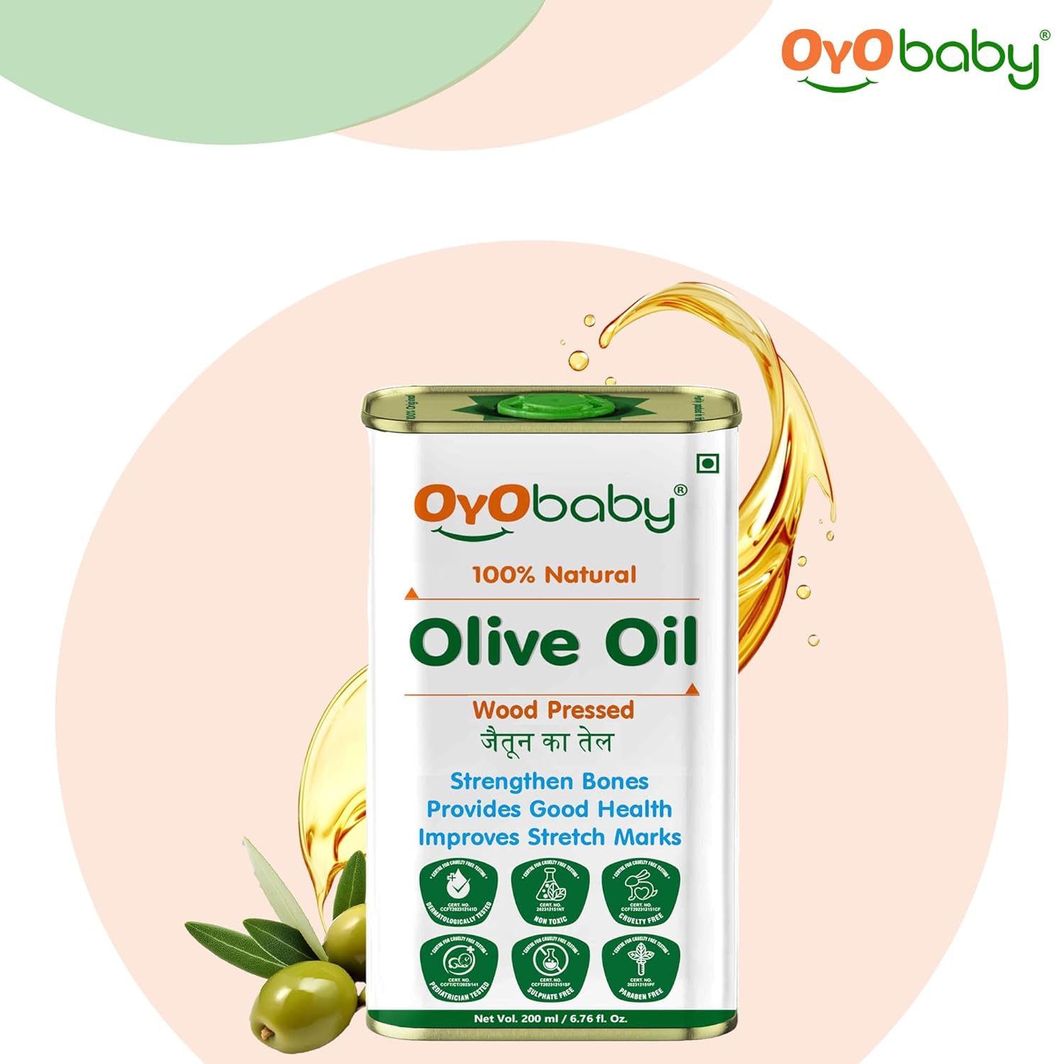 OYO BABY 100% Natural Baby Oil for New Born | Wood Pressed Olive Oil - Baby Hair Oil, Massage, Skin & - Pack Of 2-200ml