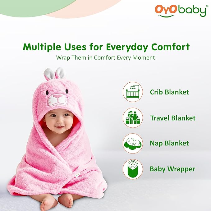 OYO BABY Baby's Super Soft Fleece Wrapper Rabbit Blanket Cum Towel Robe with Hood, Baby Swaddle Wrap, Size 80 x 80 CM, (Pink Rabbit)