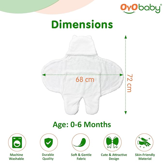 OYO BABY Wearable Hooded Swaddle Blanket for Newborn Babies – 0-6 Months, 72x68 cm, Unisex Sleeping Bag Wrap (White, Pack of 1)