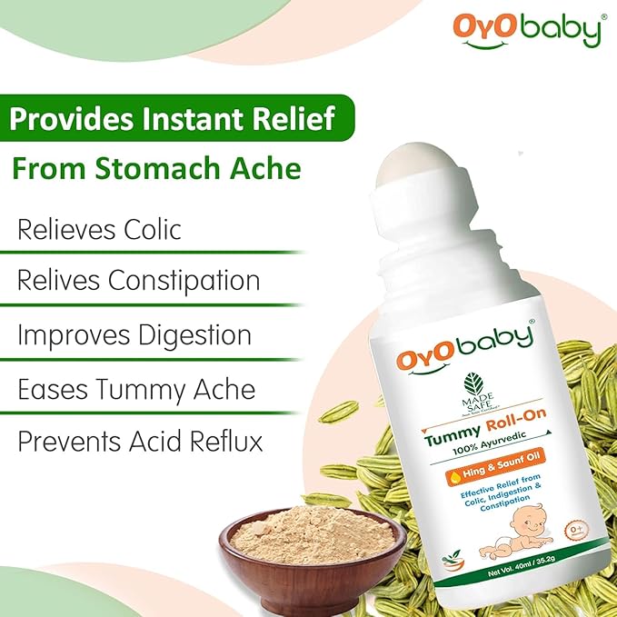 OYO BABY Tummy Roll-On for Babies | Colic Relief, Constipation & Indigestion | Hing & Saunf Formula |100% Ayurvedic - 40ml - Pack of 1