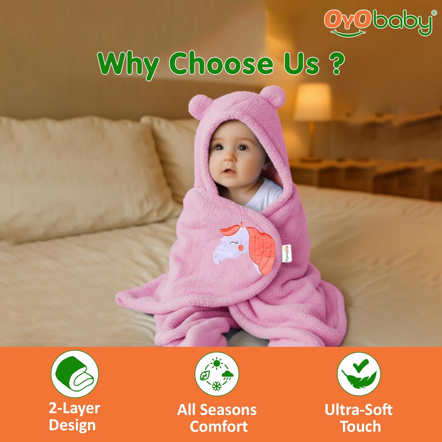 OYO BABY Newborn Baby Blanket Combo Pack – 2 Pcs Super Soft Micro Fleece Wrapper/Sleeping Bag (0-6 Months, 72x68 cm, Pink & Dark Blue, Skin-Friendly, Boys & Girls)