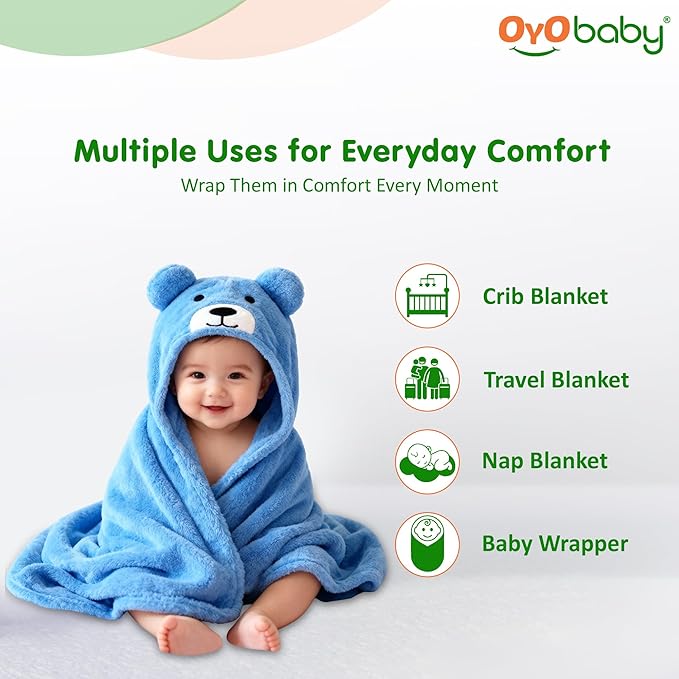 OYO BABY Newborn 3-in-1 Swaddle Blanket with Animal Hood – Soft All-Season Kids Blanket for (0–12 Months, 84x80cm), Skin-Friendly, Blue Bear Design, Perfect Baby Shower Gift