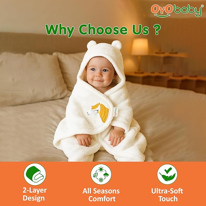 OYO BABY Wearable Hooded Swaddle Blanket for Newborn Babies – 0-6 Months, 72x68 cm, Unisex Sleeping Bag Wrap (White, Pack of 1)