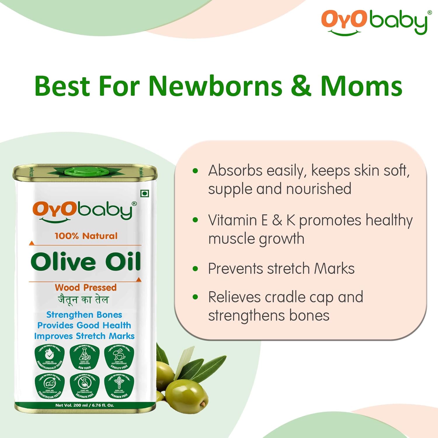 OYO BABY 100% Natural Baby Oil for New Born | Wood Pressed Olive Oil - Baby Hair Oil, Massage, Skin & - Pack Of 2-200ml