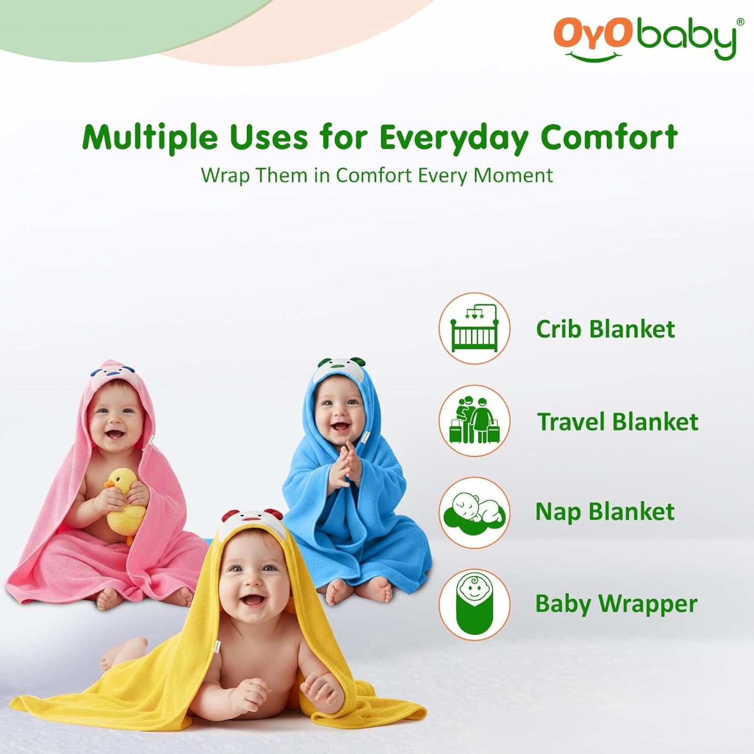 OYO BABY Baby Blanket Combo Pack – 3 Pcs Hooded Wrappers for Newborn Boys & Girls | Soft, Lightweight, Multi-Purpose Baby Wrapper/Blanket (0–12 Months, 84×62 cm)