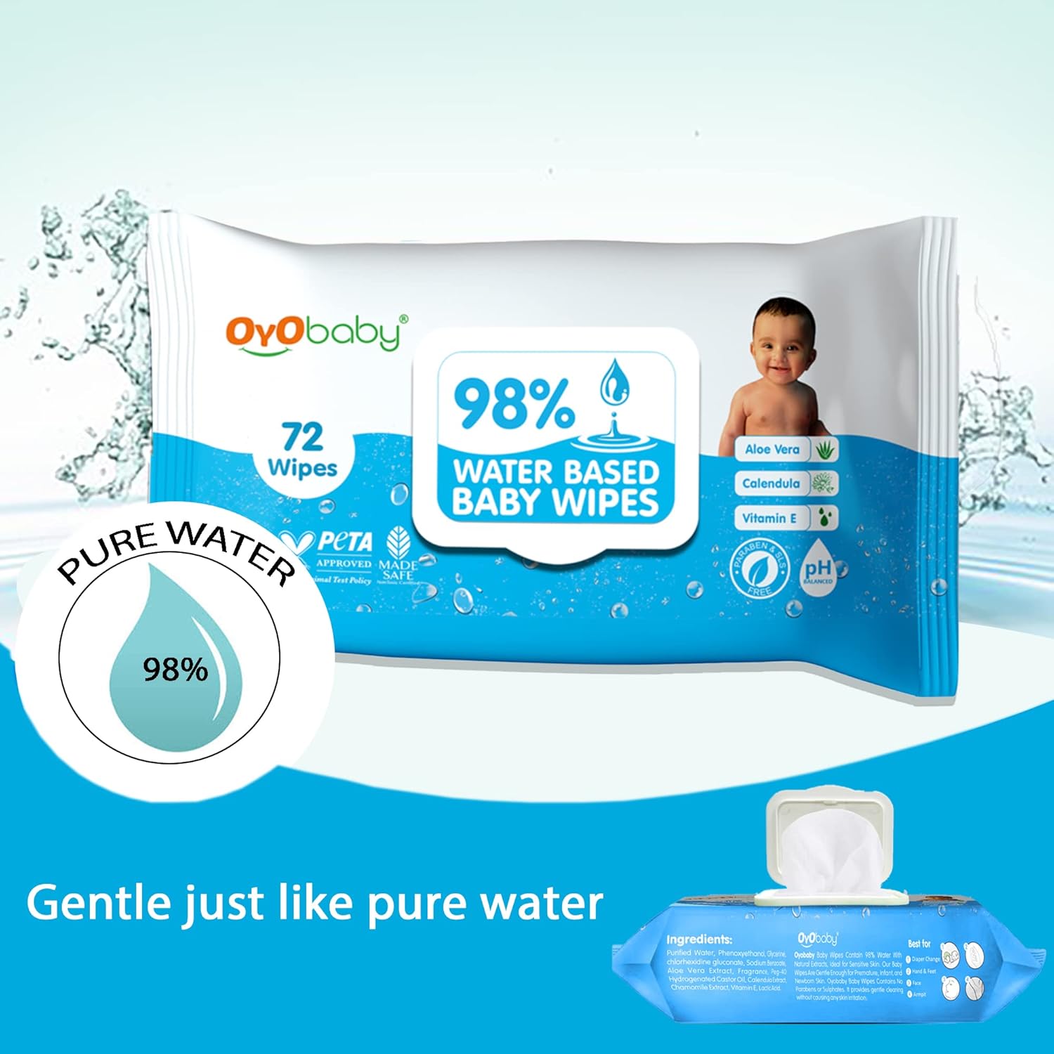 OYO BABY Diapers | Long Lasting Dry Night & Comfortable Sleep Style Diaper Pants, 36 Count (Pack of 1), & OYO BABY Soft Cleaning with Aloe Vera Baby Wipes Lids 72 Counts (Combo Pack)