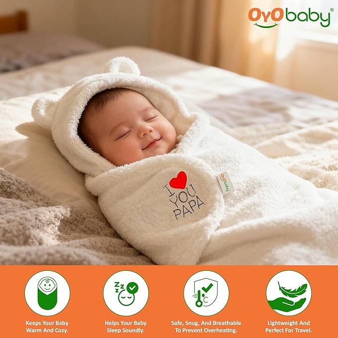 OYO BABY Newborn Hooded Swaddle Blanket Combo – Wearable Wrapper Sleeping Bags (0-6 Months, 72x68cm), Blue & White, I Love MOM & PAPA Embroidery