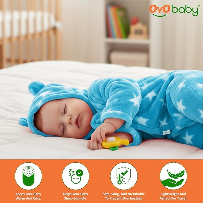 OYO BABY Ultra-Soft Baby Swaddle Wrap Blanket with Hood & Booties – Warm Fleece Sleeping Bag for Newborns (0–6 Months 72 * 68 cm) – Star Print, Grey & Blue