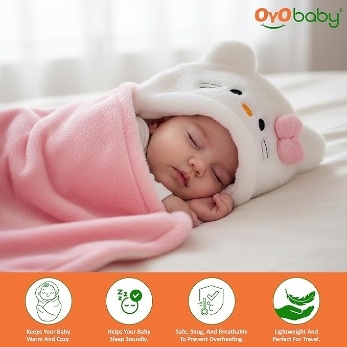 OYO BABY Newborn 3-in-1 Swaddle Blanket with Animal Hood – Soft All-Season Kids Blanket for (0–12 Months, 84x80cm), Skin-Friendly, Pink Kitty Design, Perfect Baby Shower Gift
