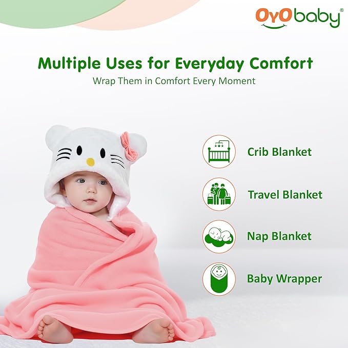 OYO BABY Newborn 3-in-1 Swaddle Blanket with Animal Hood – Soft All-Season Kids Blanket for (0–12 Months, 84x80cm), Skin-Friendly, Pink Kitty Design, Perfect Baby Shower Gift