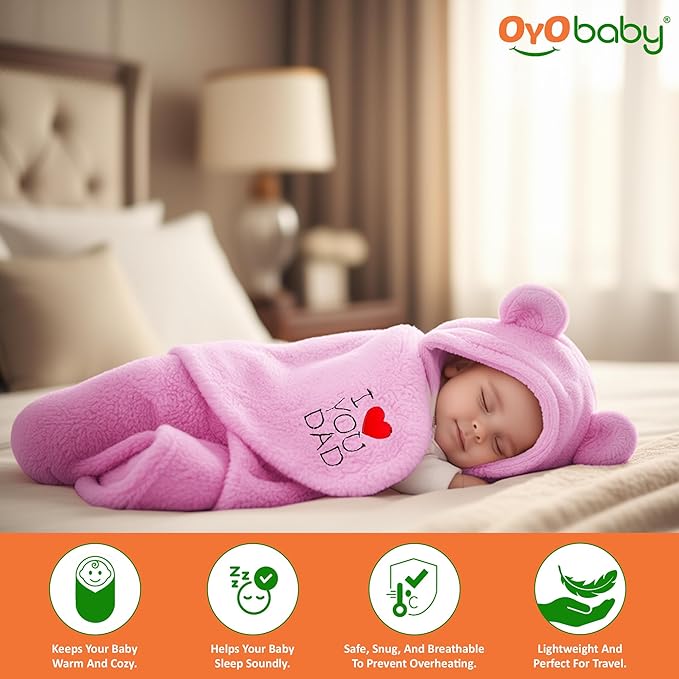 OYO BABY Newborn Baby Hooded Swaddle Blanket – Embroidered Wearable Wrapper Sleeping Bag (0-6 Months,72x68, I Love DAD, Pink
