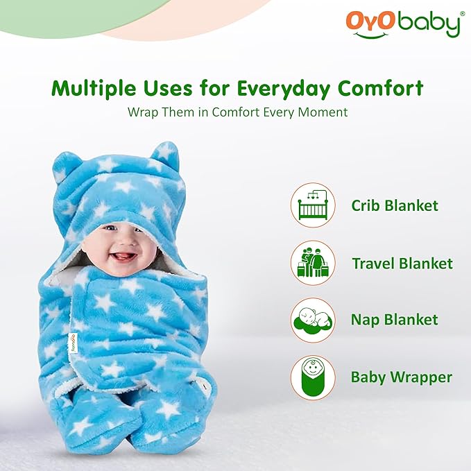 OYO BABY Ultra-Soft Star Print Swaddle Wrap Blanket with Hood & Booties – Blue, 0–6 Months | Warm Sleeping Bag & Wearable Swaddle for Newborns, Cozy Baby Blanket & Essential Nursery Item, 72×68 cm