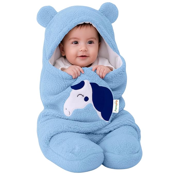 OYO BABY Super Soft Flannel Hooded Swaddle Blanket for Newborn Babies – Lightweight Wrap (0-6 Months, 72x68 cm) - Blue