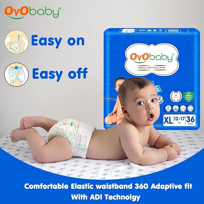 OYO BABY Diapers | Long Lasting Dry Night & Comfortable Sleep Style Diaper Pants, 36 Count (Pack of 1), & OYO BABY Soft Cleaning with Aloe Vera Baby Wipes Lids 72 Counts (Combo Pack)