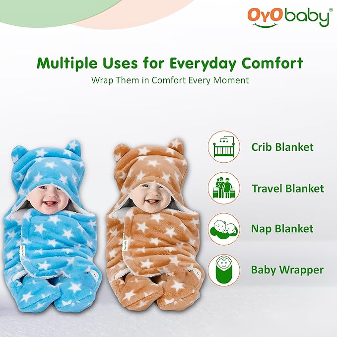 OYO BABY Ultra-Soft Baby Swaddle Wrap Blanket with Hood & Booties – Warm Fleece Sleeping Bag for Newborns (0–6 Months 72 * 68 cm) – Star Print, Beige & Blue