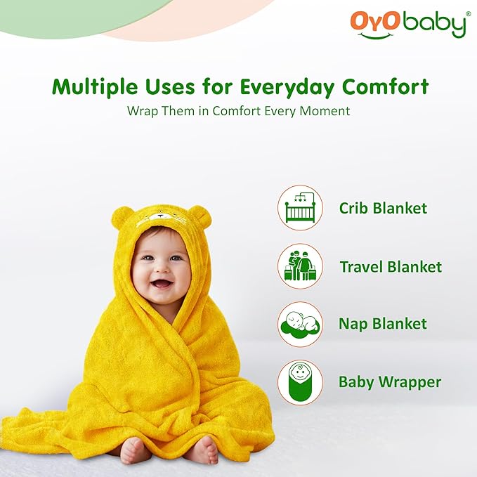 OYO BABY Newborn 3-in-1 Swaddle Blanket with Animal Hood – Soft All-Season Baby Blanket for (0–12 Months, 84x80cm), Skin-Friendly, Yellow Tiger Design, Perfect Baby Shower Gift