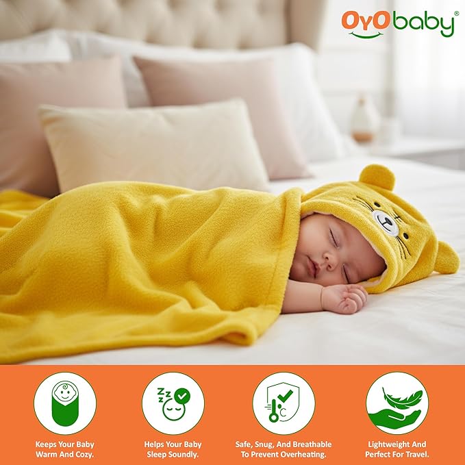 OYO BABY Newborn 3-in-1 Swaddle Blanket with Animal Hood – Soft All-Season Baby Blanket for (0–12 Months, 84x80cm), Skin-Friendly, Yellow Tiger Design, Perfect Baby Shower Gift