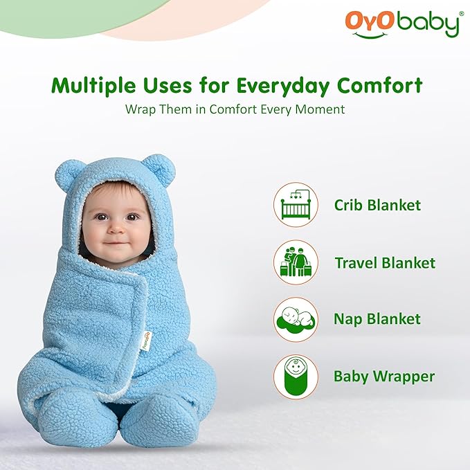 OYO BABY Super Soft Baby Blankets for Newborns – Pack of Hooded Swaddle Wrappers Cum Wearable Blankets for Boys & Girls