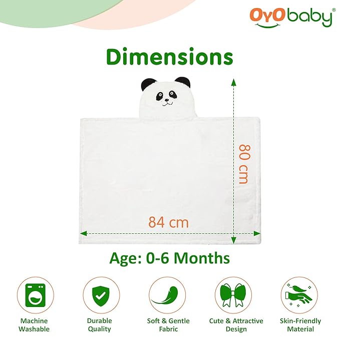 OYO BABY Newborn 3-in-1 Swaddle Blanket with Animal Hood – Soft All-Season Blanket for (0–12 Months, 84x80cm), Skin-Friendly, White Panda Design, Perfect Baby Shower Gift