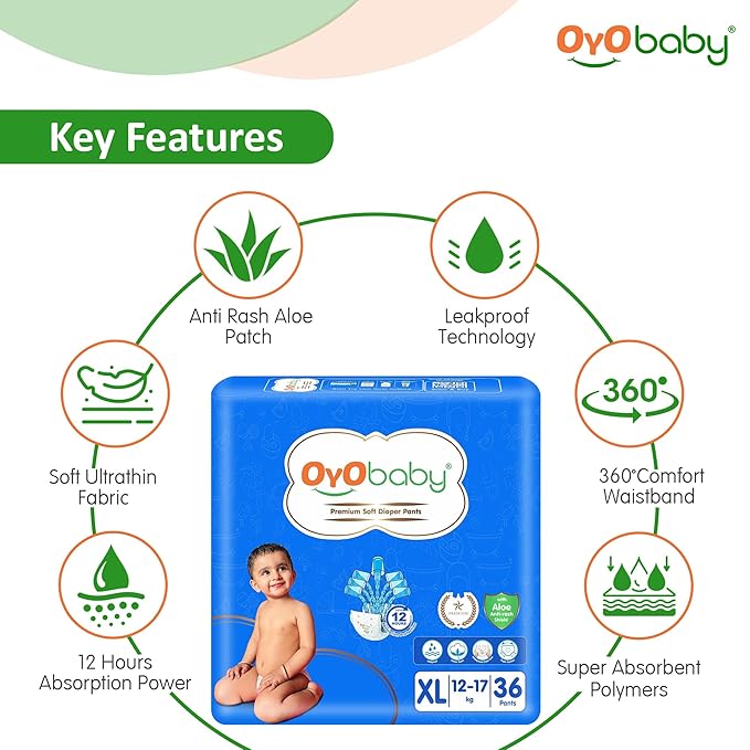 OYO BABY Pant Style Baby Diapers, X-Large (XL), 36Count, for Babies 12-17kg, with Aloe Vera Lotion for Rash Protection & Up to 12 Hours Protection