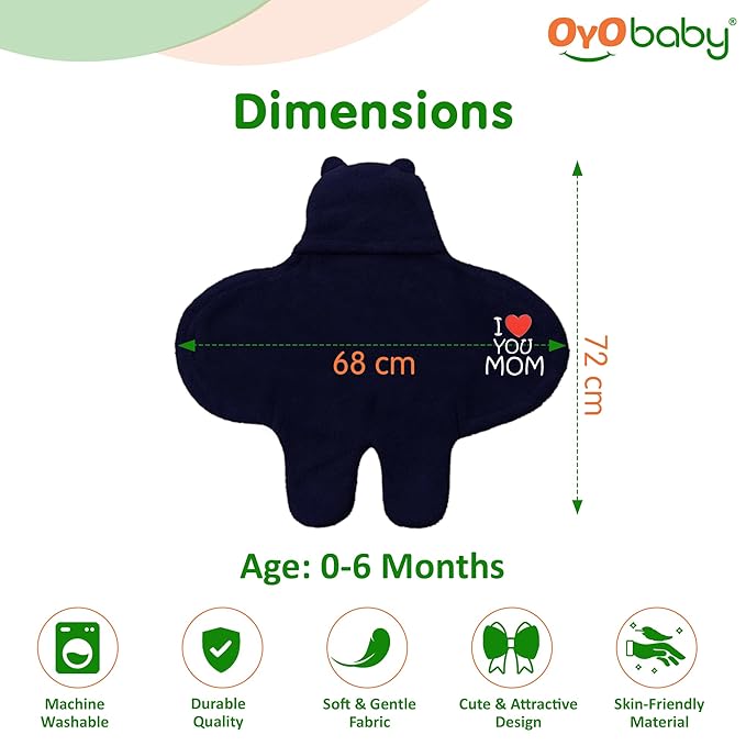 OYO BABY Newborn Baby Hooded Swaddle Blanket – Security Embroidered Wearable Wrapper Sleeping Bag (0-6 Months, 72x68, I Love MOM, Dark Blue)