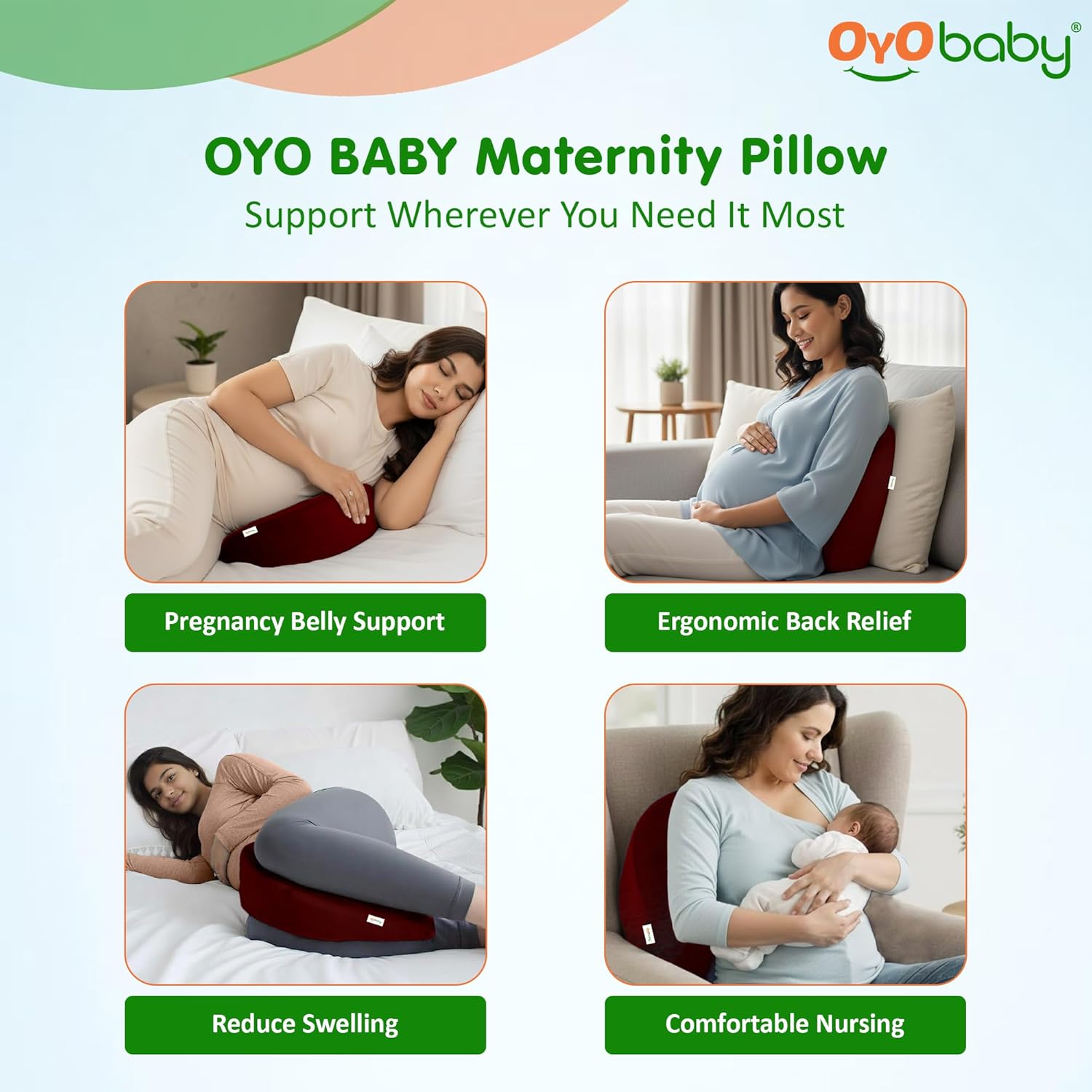OYO BABY Memory Foam Maternity Pillow Wedge - Maroon | Full Pregnancy Support for Belly, Back, Hips & Legs | Ideal for Side Sleepers & Relaxation