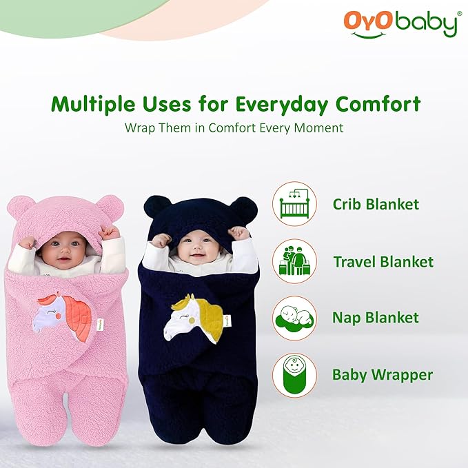 OYO BABY Newborn Baby Blanket Combo Pack – 2 Pcs Super Soft Micro Fleece Wrapper/Sleeping Bag (0-6 Months, 72x68 cm, Pink & Dark Blue, Skin-Friendly, Boys & Girls)
