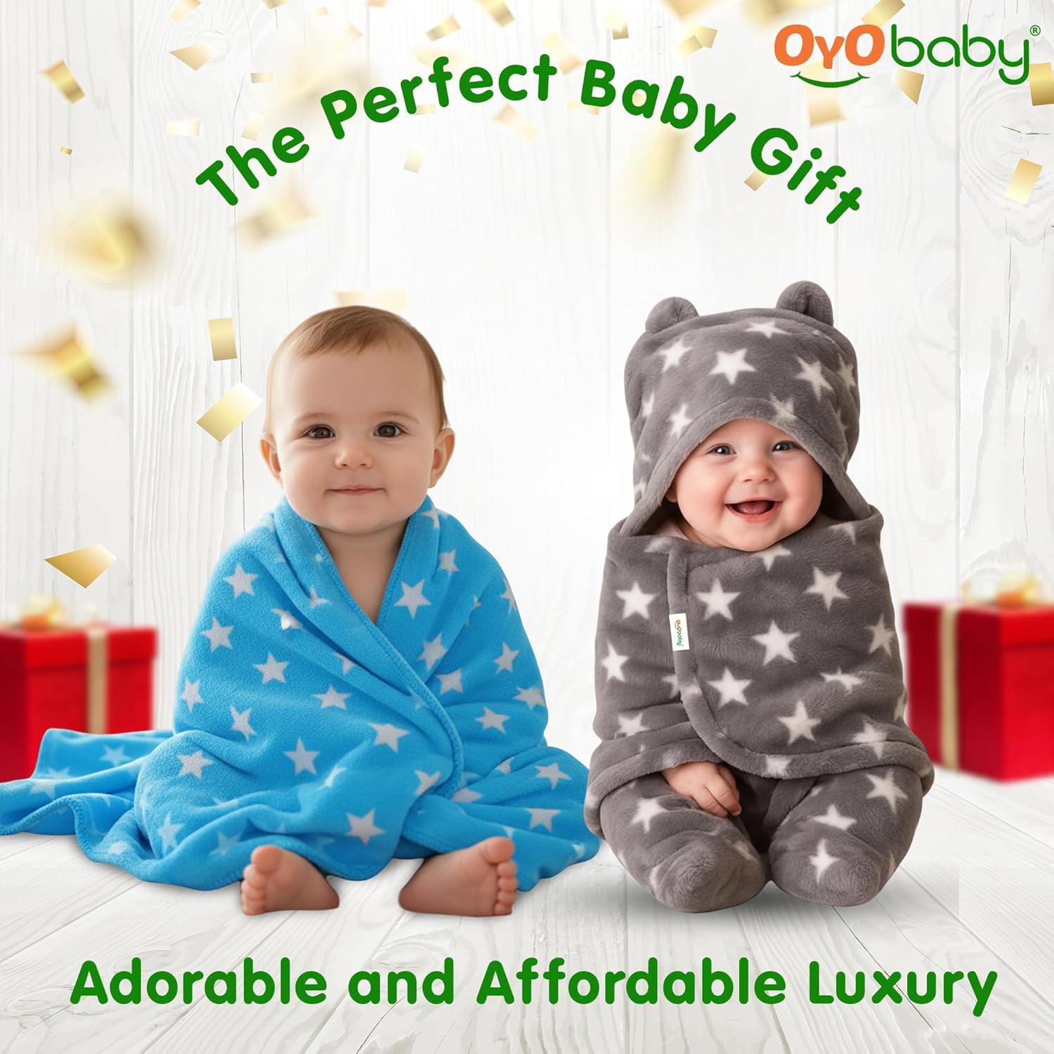 OYO BABY Baby Blankets Combo | for New Born Babies Baby Boys, Baby Girls, Babies for 0-6 Months, Fleece, Skin Friendly, 2 Blankets (Star Blue Square + Star Grey Hooded)