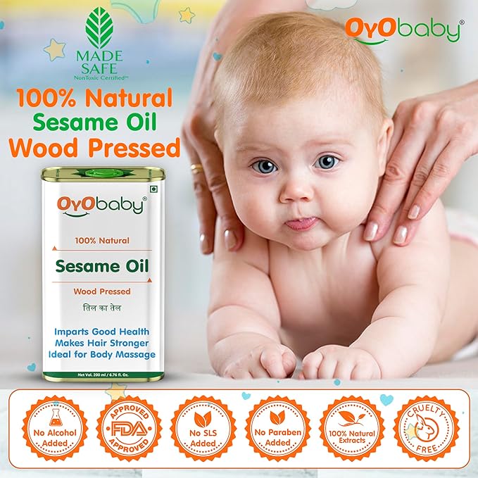 OYO BABY 100% Natural Baby Oil for New Born | Wood Pressed Sesame Oil - Massage, Skin & Baby Hair Oil
