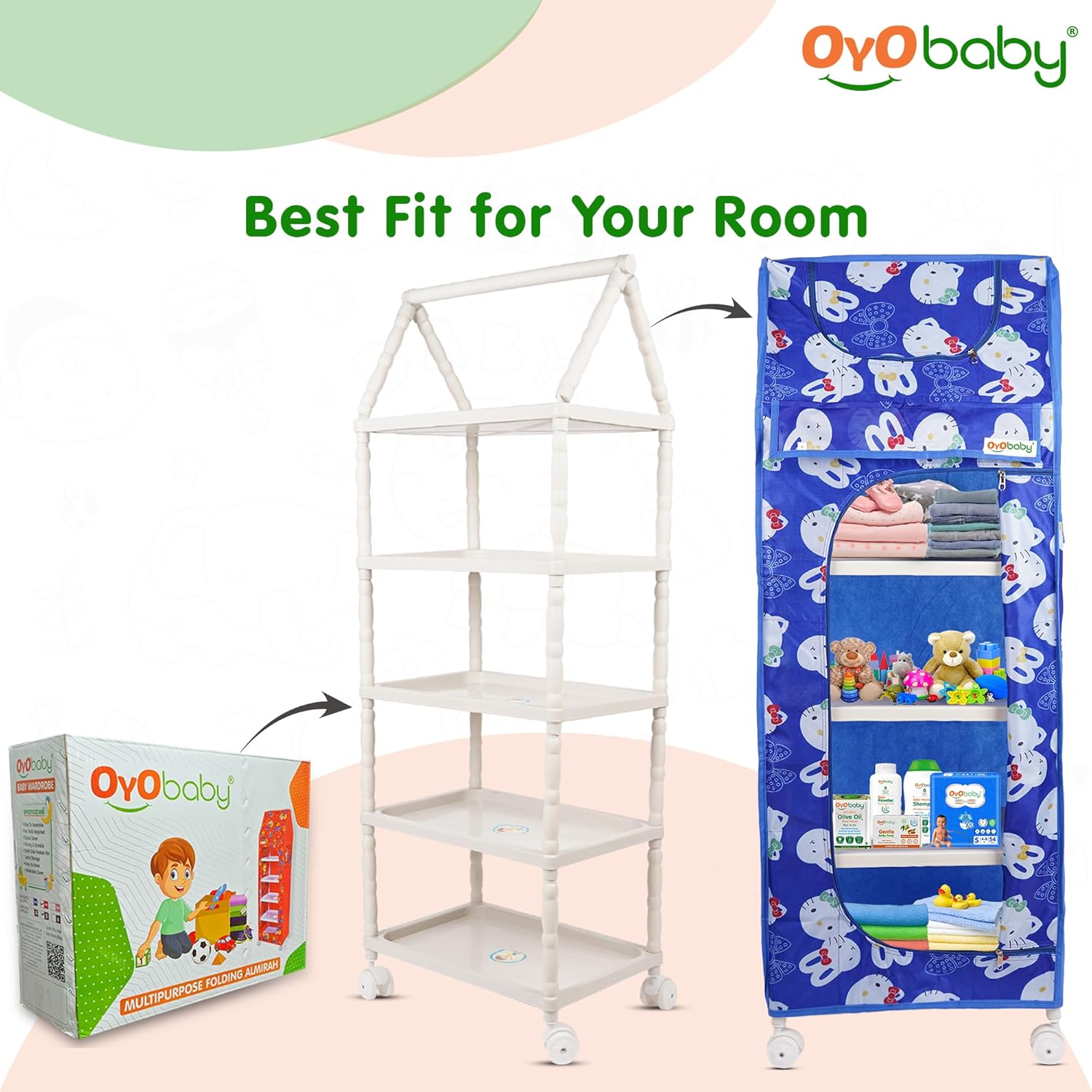 OYO BABY Kids Wardrobe for Storage 5 Shelves | Heavy Duty Plastic Almirah for Baby Clothes, Toys & Books Rack | Compact Storage Organizer for Nursery/Bedroom [Cartoon Printed - Blue]