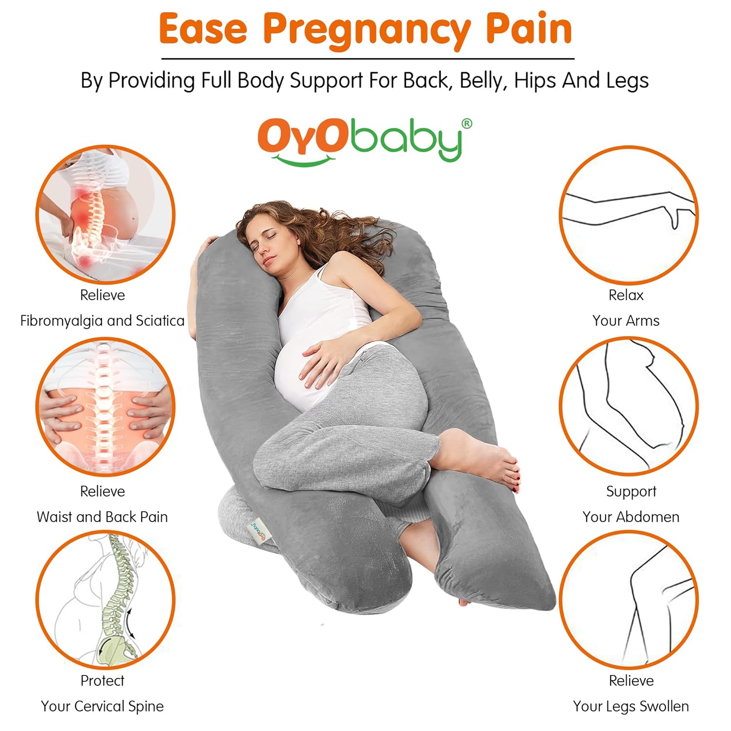 OYO BABY Cooling Pregnancy Pillows, U Shaped Silky Maternity Pillow for Pregnant Women, Pregnancy Body Pillow for Sleeping, Back Pain Relief and Pregnant Legs, HIPS, Belly Support (Grey)