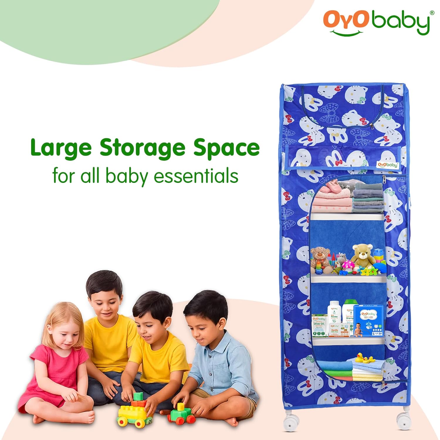 OYO BABY Kids Wardrobe for Storage 5 Shelves | Heavy Duty Plastic Almirah for Baby Clothes, Toys & Books Rack | Compact Storage Organizer for Nursery/Bedroom [Cartoon Printed - Blue]