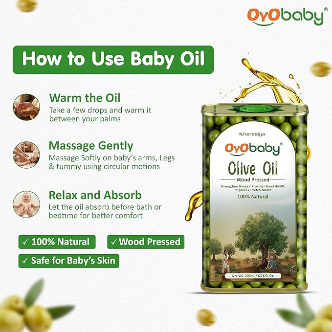 100% Natural Baby Oil for New Born | Wood Pressed Olive Oil - Baby Massage, Skin & Baby Hair Oil (200 ml)