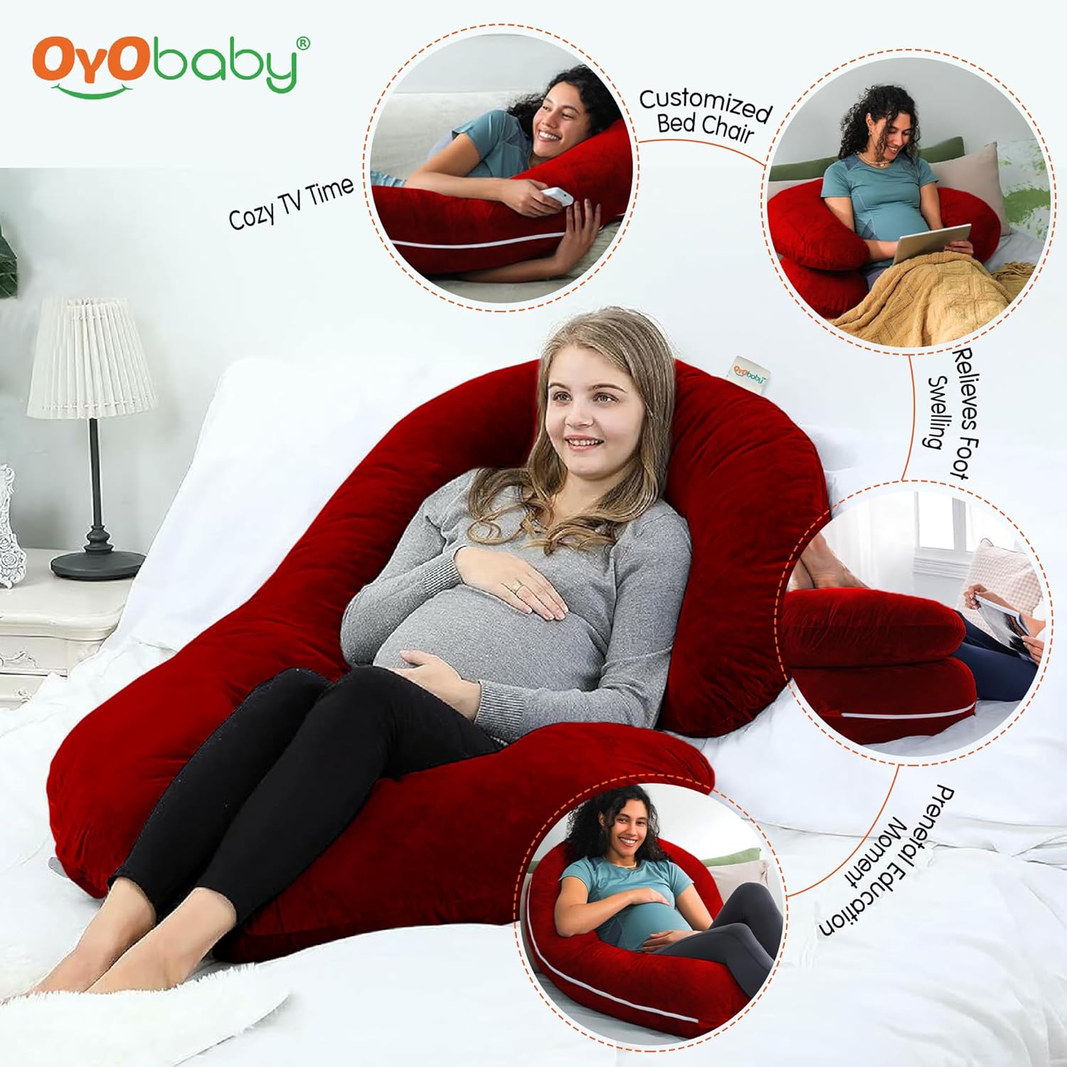 OYO BABY C Shaped Pregnancy Pillow for Sleeping, Maternity Pillow for Pregnant Women with Washable Premium Velvet Cover (Maroon)