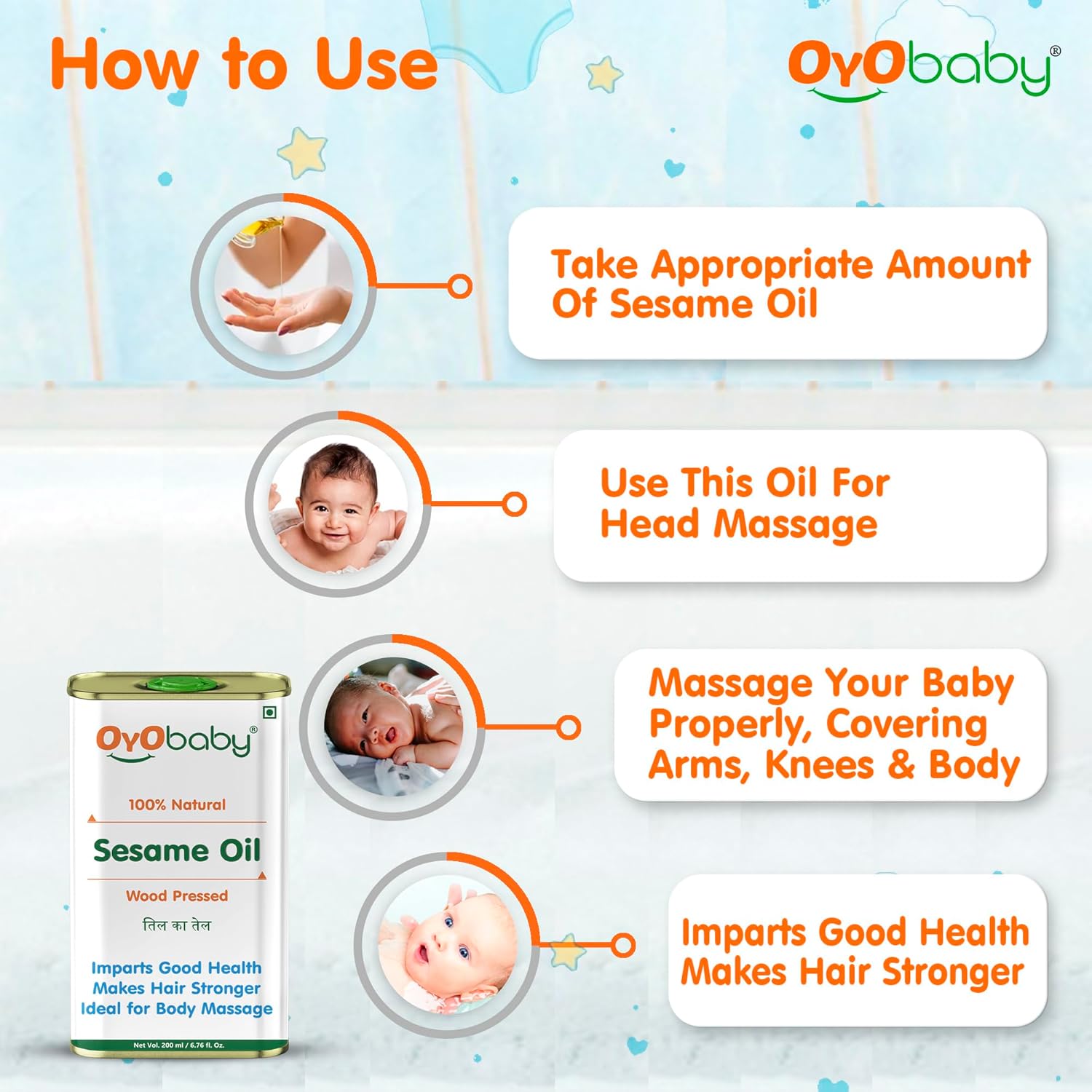 OYO BABY 100% Natural Baby Oil for New Born | Wood Pressed Sesame Oil - Massage, Skin & Baby Hair Oil
