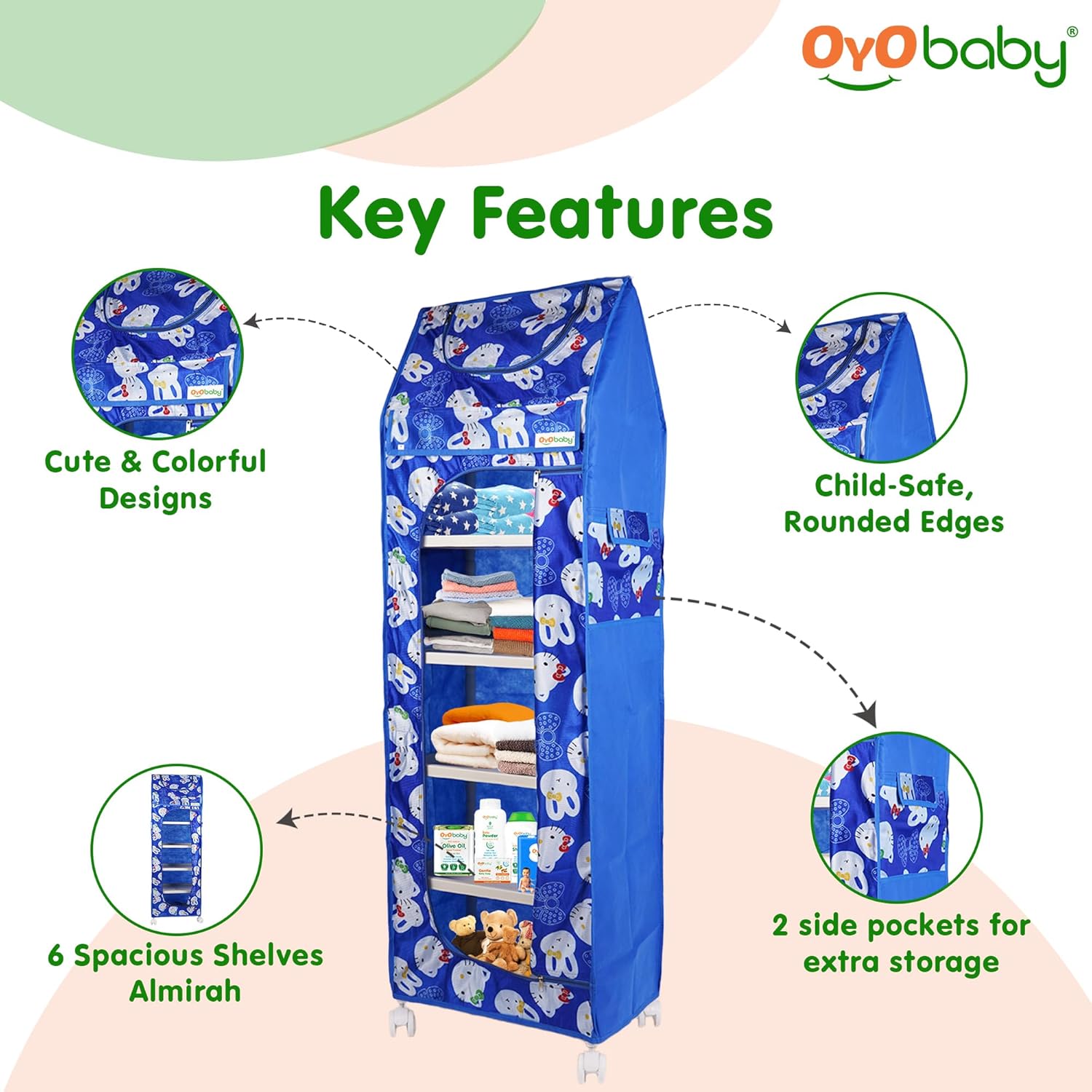 OYO BABY Kids Wardrobe for Storage 6 Shelves | Heavy Duty Plastic Almirah for Baby Clothes, Toys & Books Rack | Compact Storage Organizer for Nursery/Bedroom [Cartoon Printed - Blue]