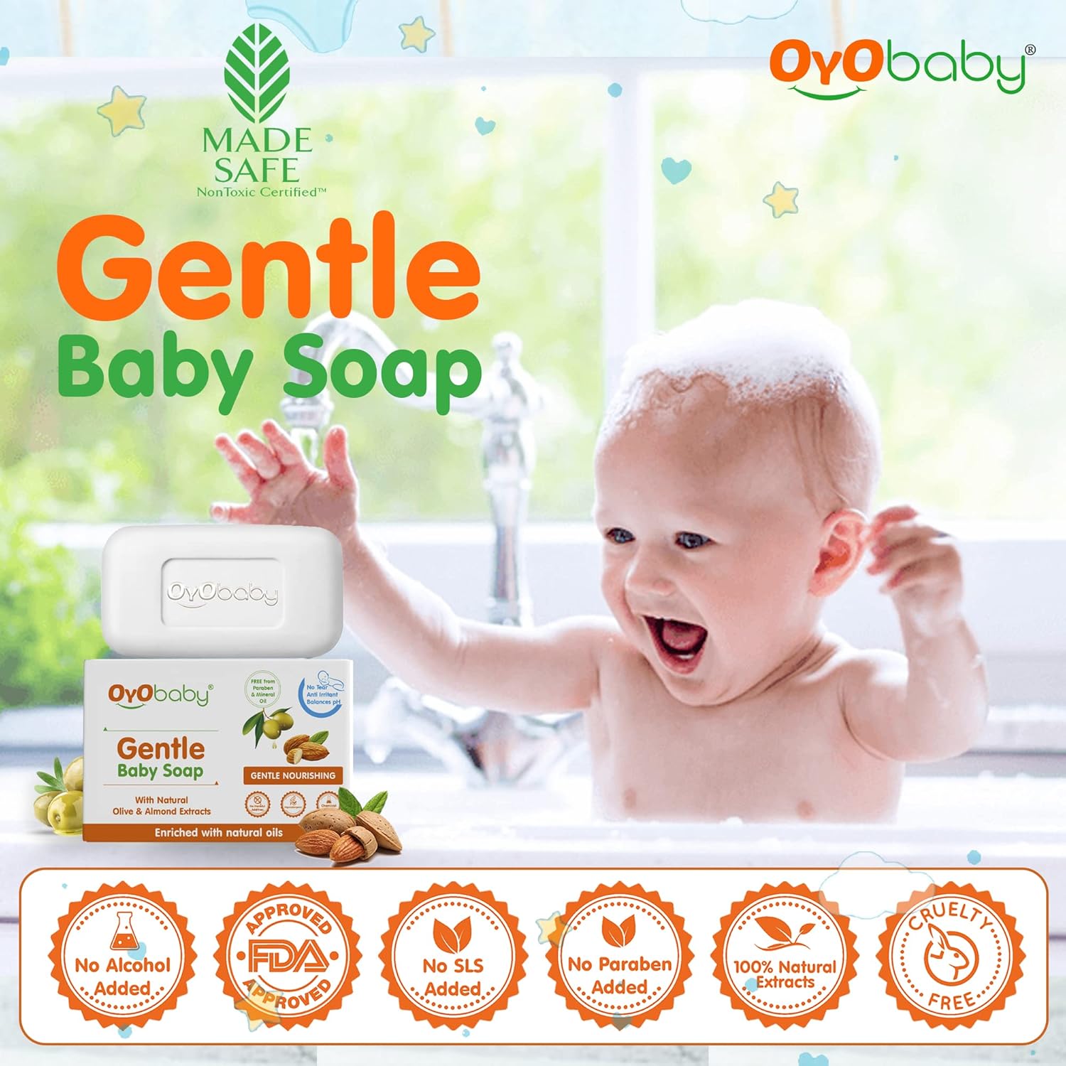 OYO BABY Gentle Baby Bathing Soap Bar - 75g  | Baby Bathing Soap Bar with Natural Olive & Almond | Skin-Friendly Cleansing Soap for Soft Baby Skin