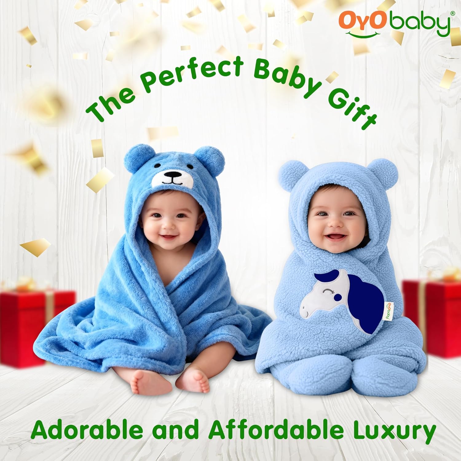 OYO BABY Newborn Baby Blanket Combo Pack – Hooded Sleeping Bag & Baby Blanket (0-12 Months, Bear Design & Unicorn Embroidery, Microfiber Fleece & Sherpa, (84x80 & 72x68 cm), Pack of 2