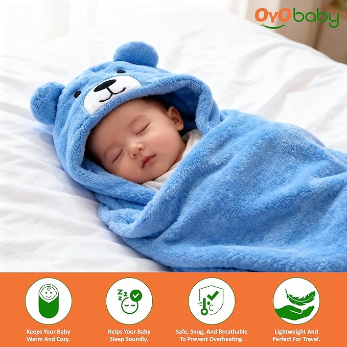 OYO BABY Newborn 3-in-1 Swaddle Blanket with Animal Hood – Soft All-Season Kids Blanket for (0–12 Months, 84x80cm), Skin-Friendly, Blue Bear Design, Perfect Baby Shower Gift
