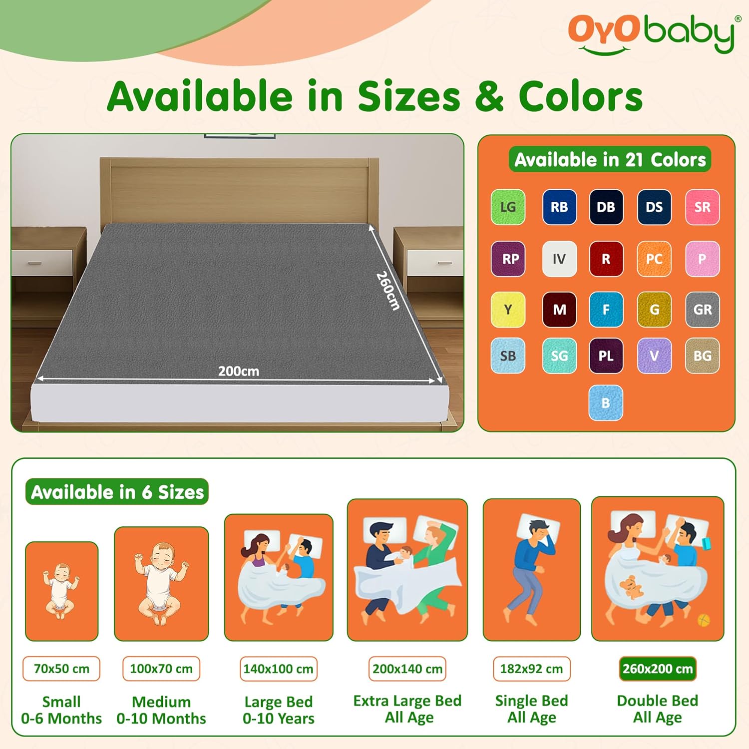 OYO BABY Waterproof Mattress Protector Double Bed Size | 260×200 cm Baby Dry Sheet Large | Soft, Quick Dry, Extra Absorbent Bed Pad | Reusable Rash-Free Anti-Piling Fleece Underpad - Sea Blue